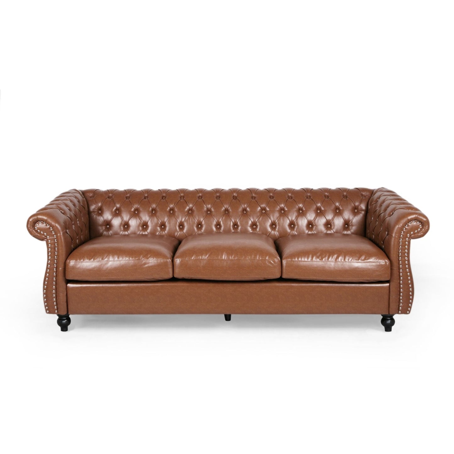 Divano Chesterfield 84.75 imbottito a 3 posti con bottoni, borchie e gambe in legno per soggiorno
