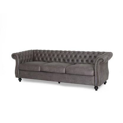 Divano Chesterfield 84.75 imbottito a 3 posti con bottoni, borchie e gambe in legno per soggiorno