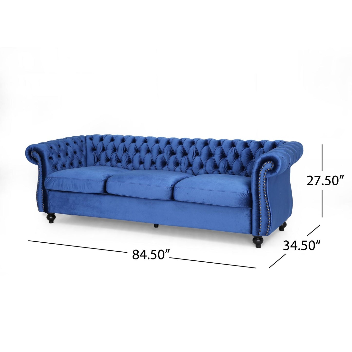 Divano Chesterfield 84.75 imbottito a 3 posti con bottoni, borchie e gambe in legno per soggiorno