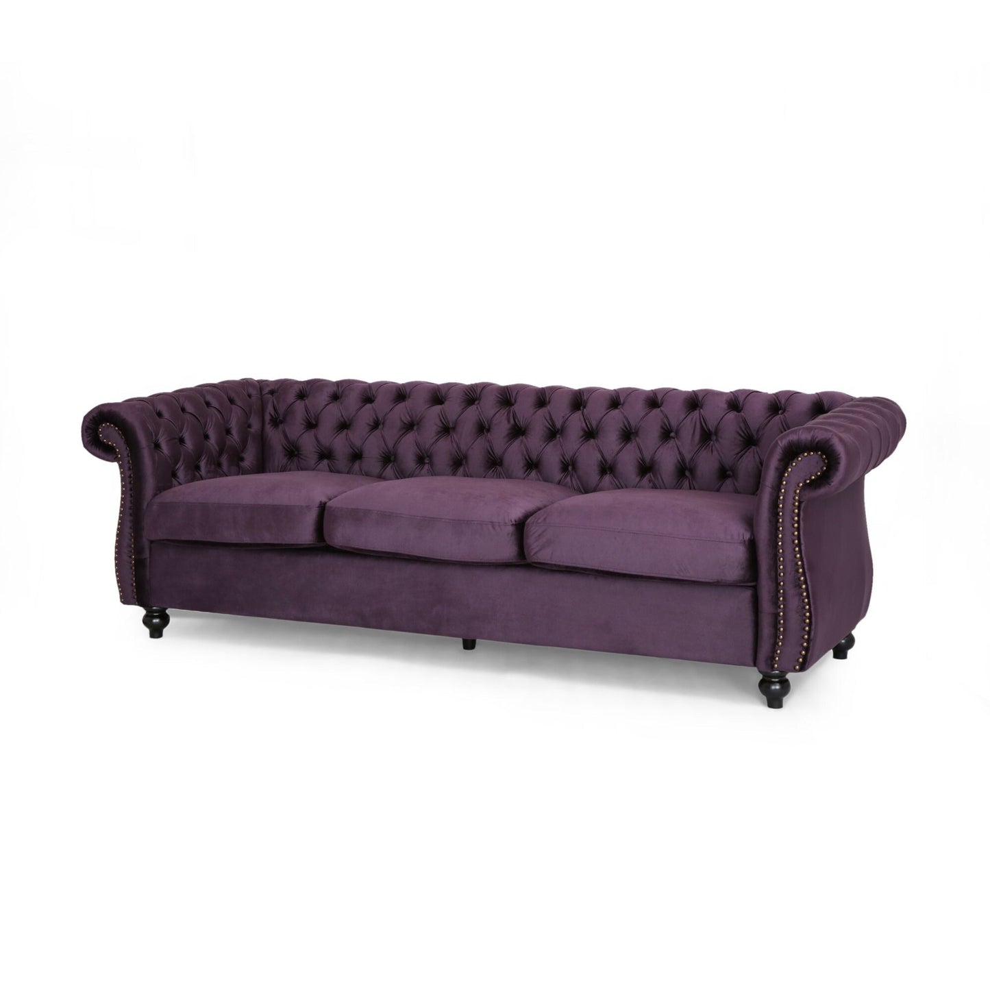 Divano Chesterfield 84.75 imbottito a 3 posti con bottoni, borchie e gambe in legno per soggiorno