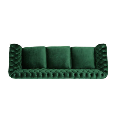 Divano Chesterfield 84.75 imbottito a 3 posti con bottoni, borchie e gambe in legno per soggiorno