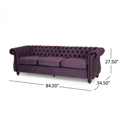 Divano Chesterfield 84.75 imbottito a 3 posti con bottoni, borchie e gambe in legno per soggiorno