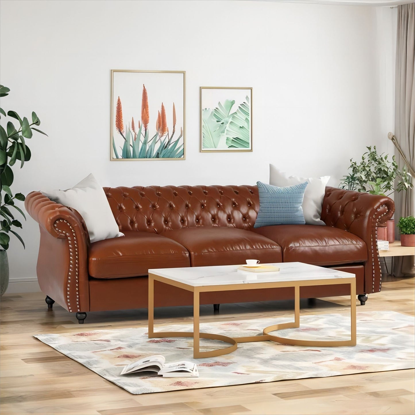 Divano Chesterfield 84.75 imbottito a 3 posti con bottoni, borchie e gambe in legno per soggiorno