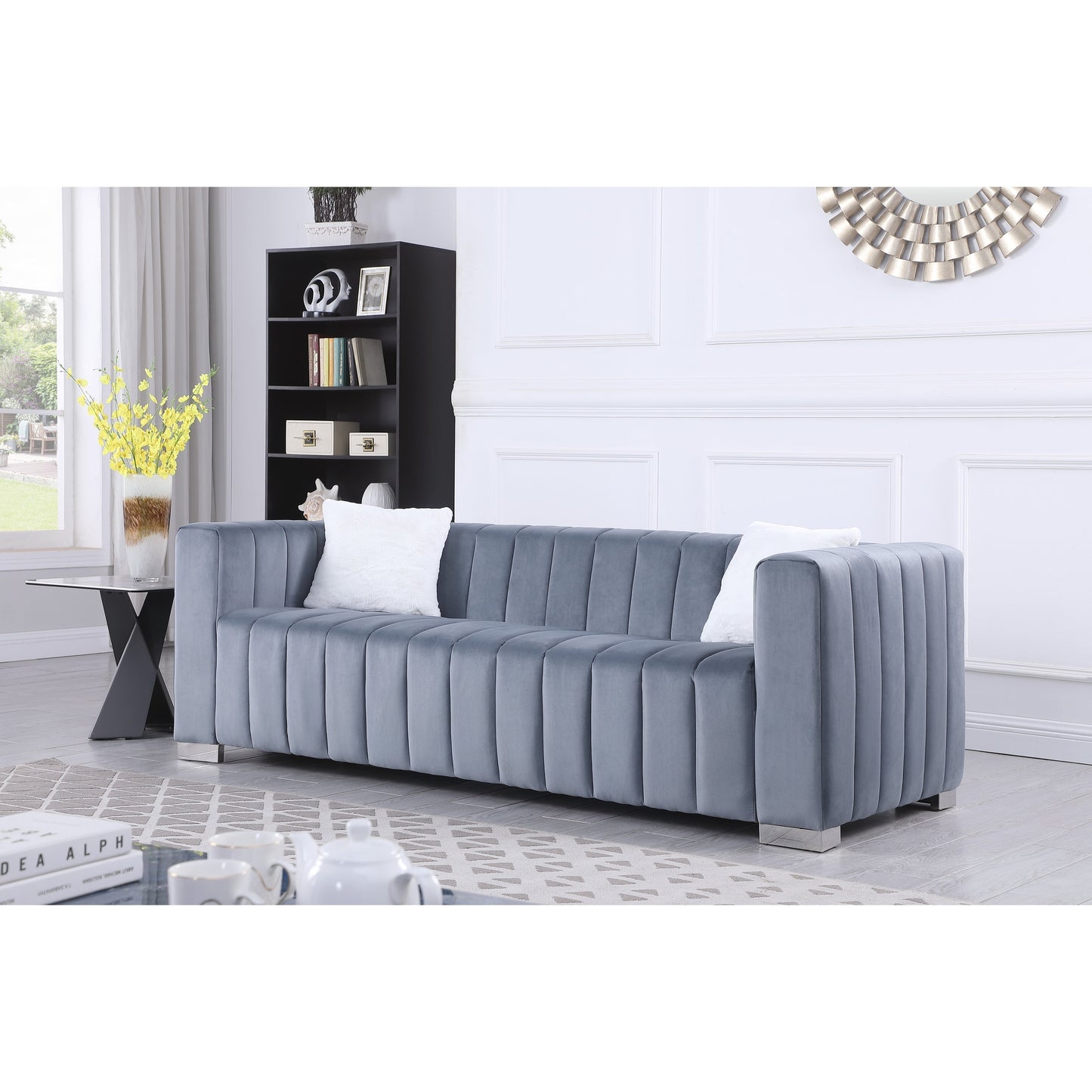 Divano Chesterfield 87.01 a 3 posti con cuscini e rivestimento in velluto per soggiorno
