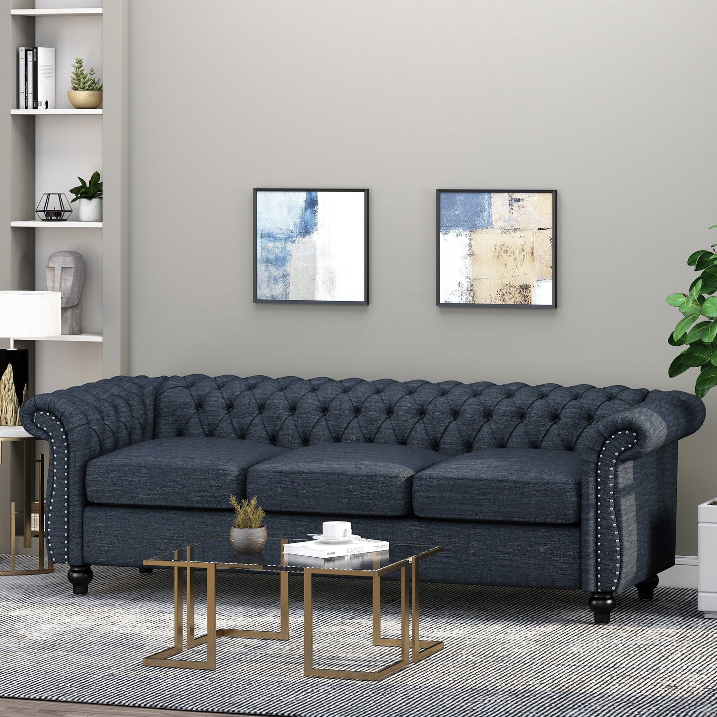 Divano Chesterfield a 3 posti con bottoni e borchie