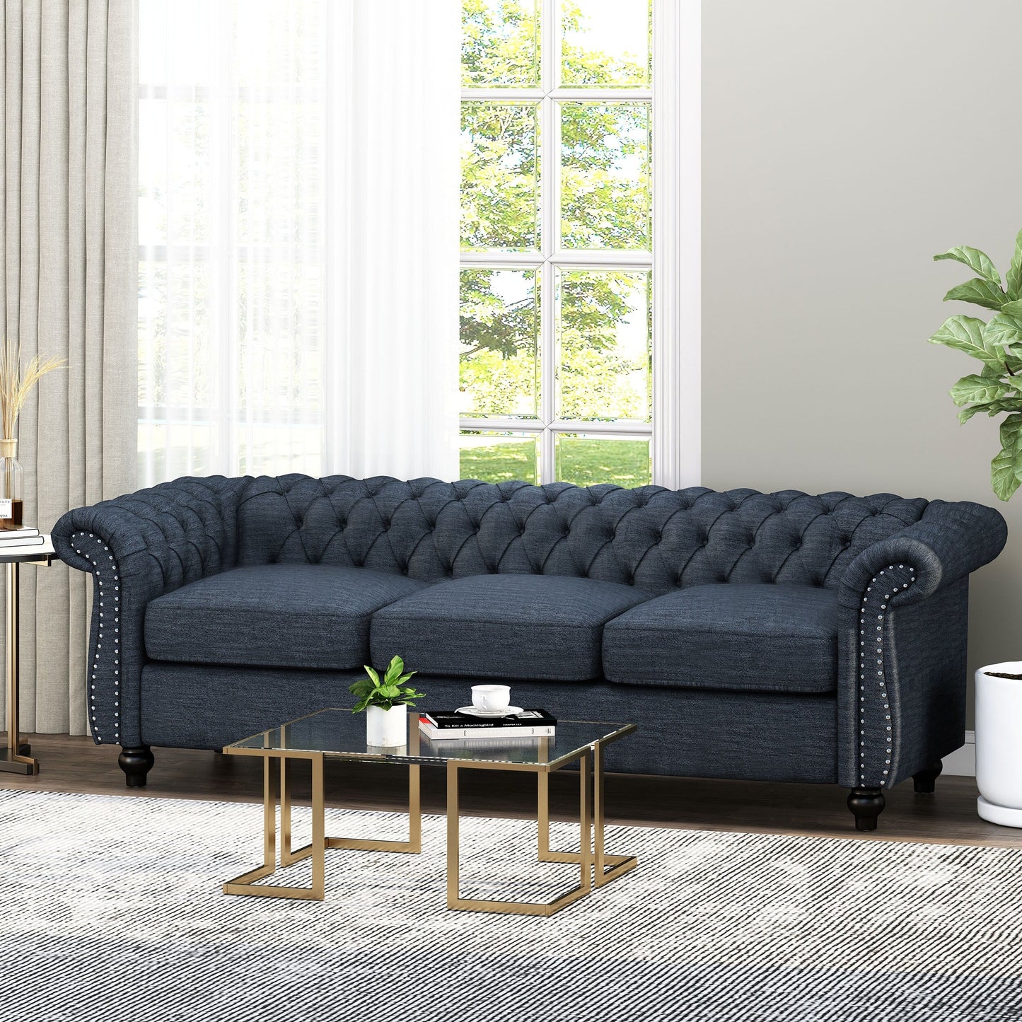Divano Chesterfield a 3 posti con bottoni e borchie