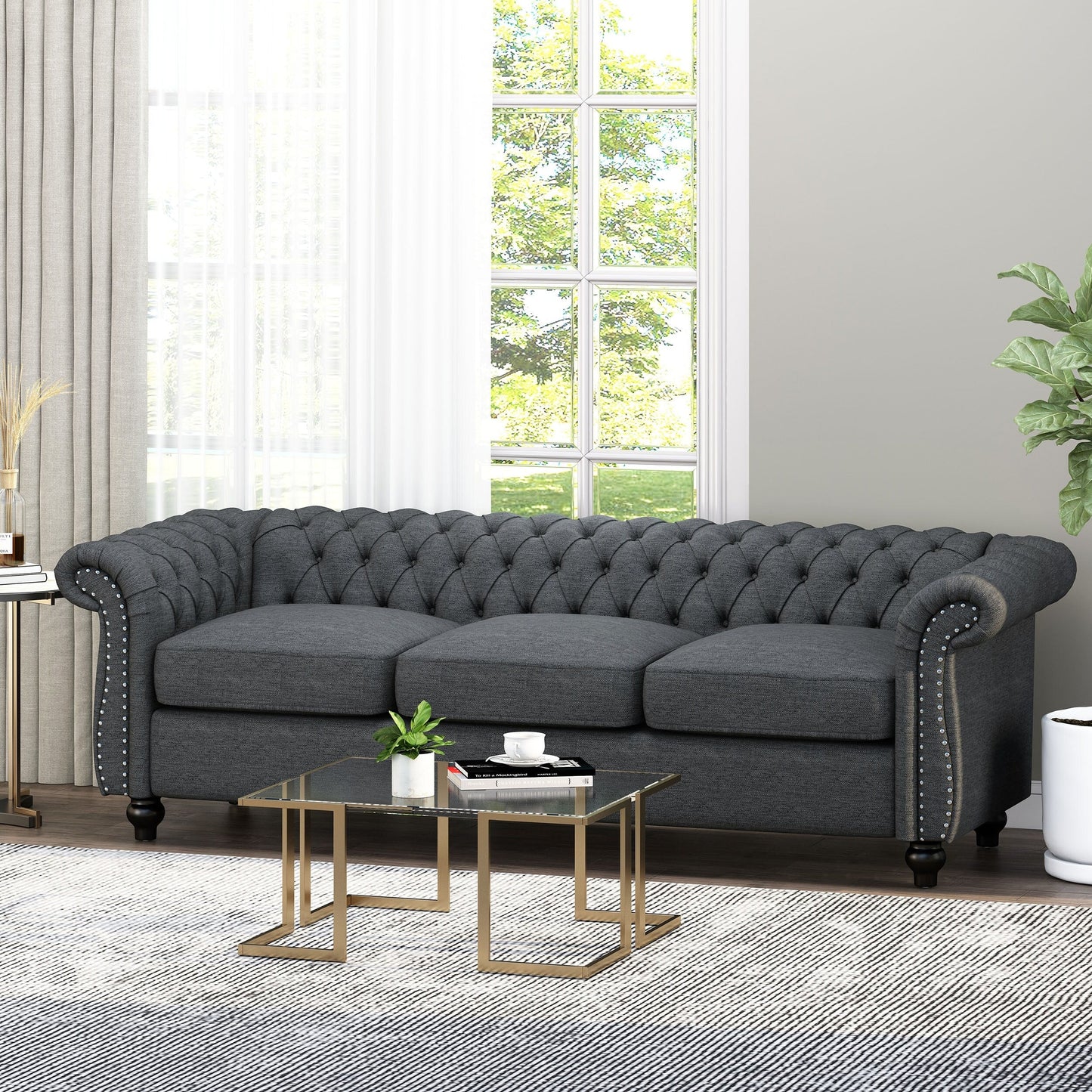 Divano Chesterfield a 3 posti con bottoni e borchie