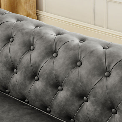 Divano Chesterfield imbottito in PU, 3 posti, con braccioli a volute e decorazione a borchie