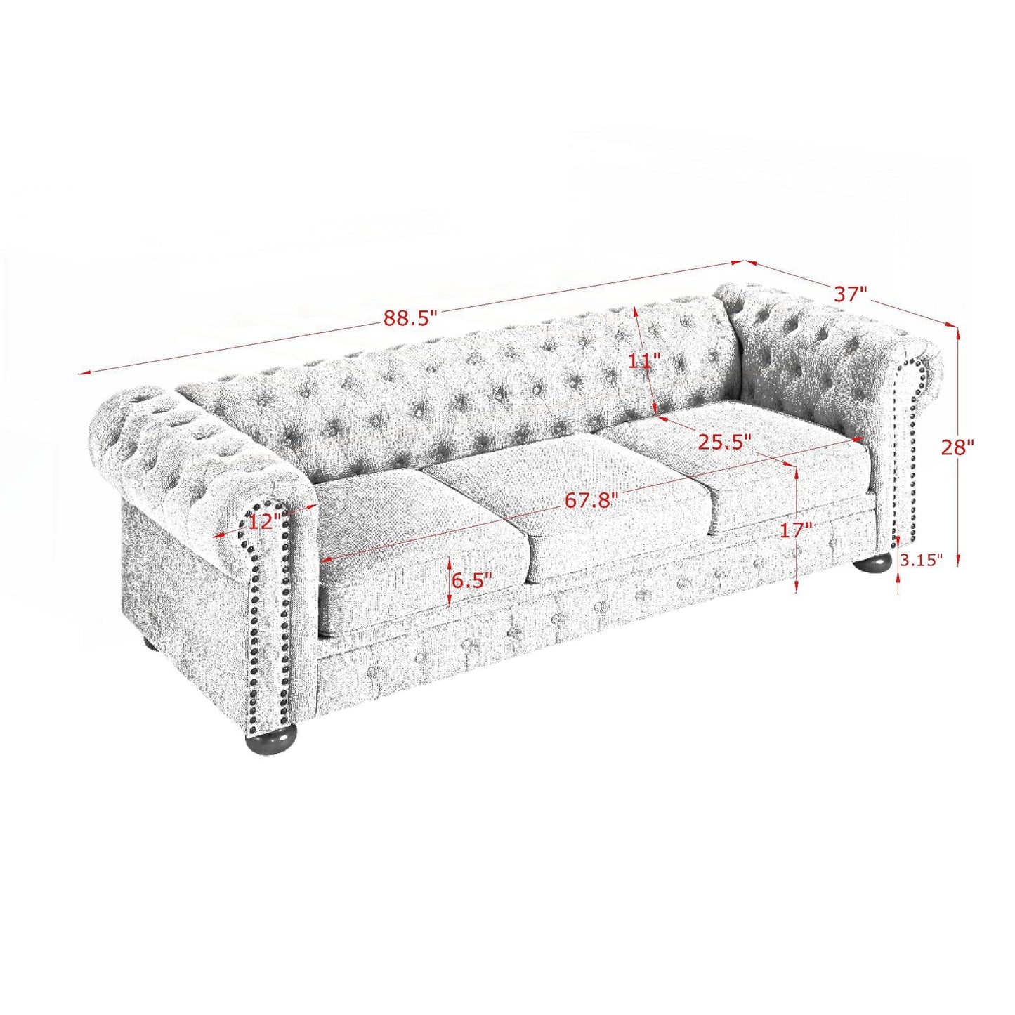 Divano Chesterfield imbottito in PU a 3 posti