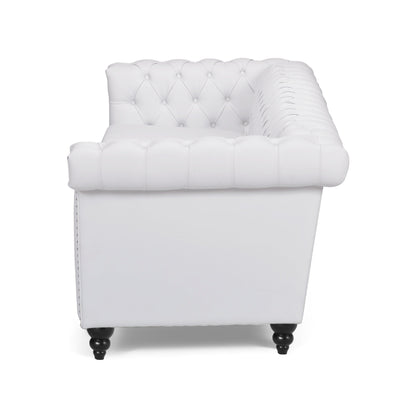 Divano Chis, Chesterfield profondo capitonné in similpelle bianca, 83 pollici