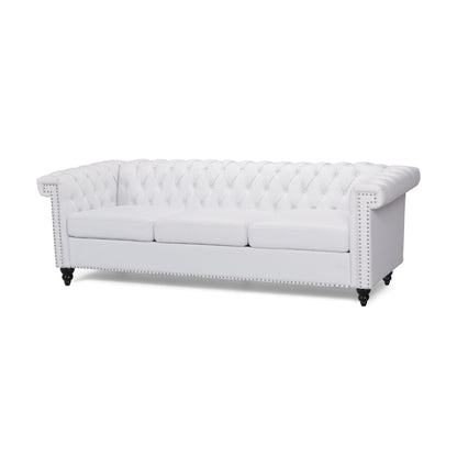 Divano Chis, Chesterfield profondo capitonné in similpelle bianca, 83 pollici