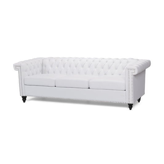 Divano Chis, Chesterfield profondo capitonné in similpelle bianca, 83 pollici