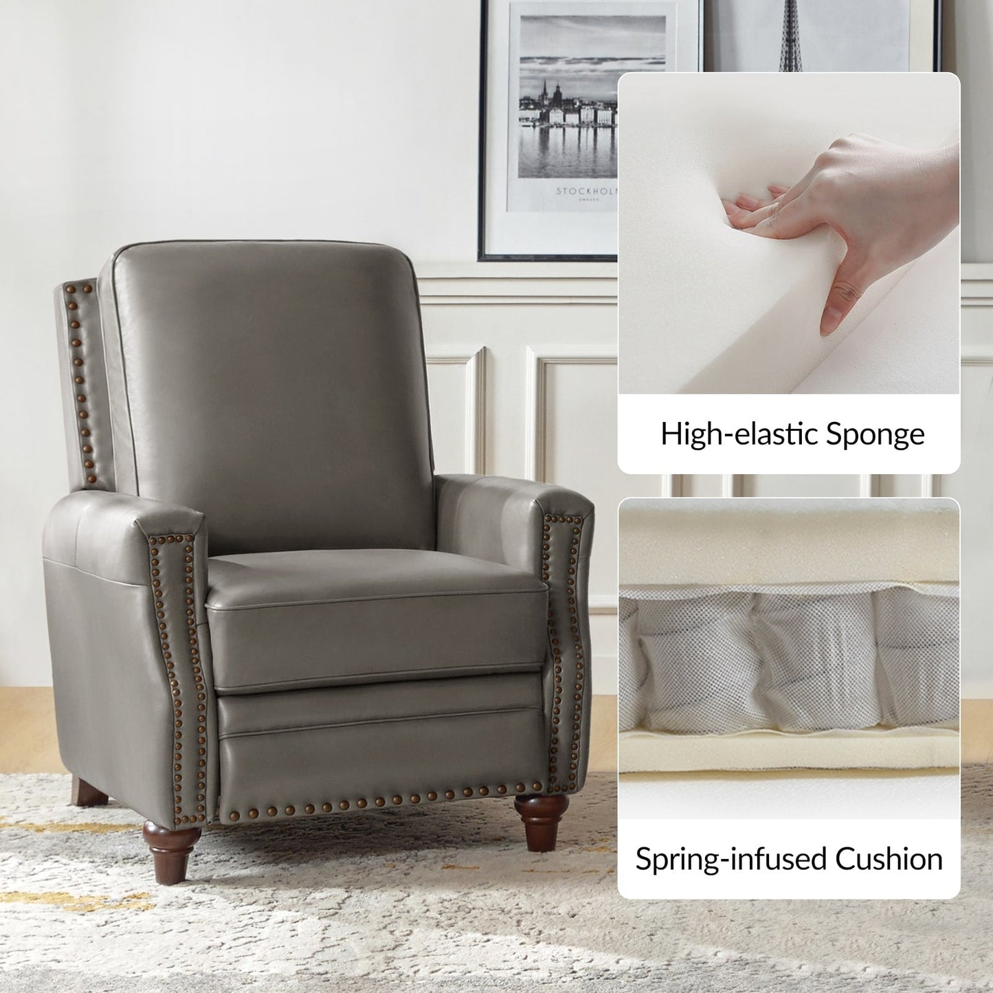 Poltrona reclinabile moderna in vera pelle con finiture a borchie in stile Cigar di HULALA HOME