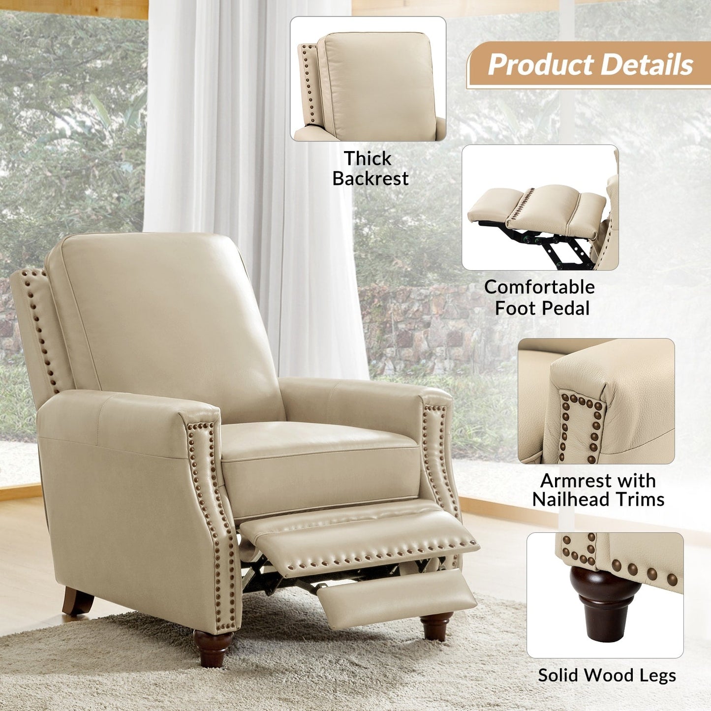 Poltrona reclinabile moderna in vera pelle con finiture a borchie in stile Cigar di HULALA HOME
