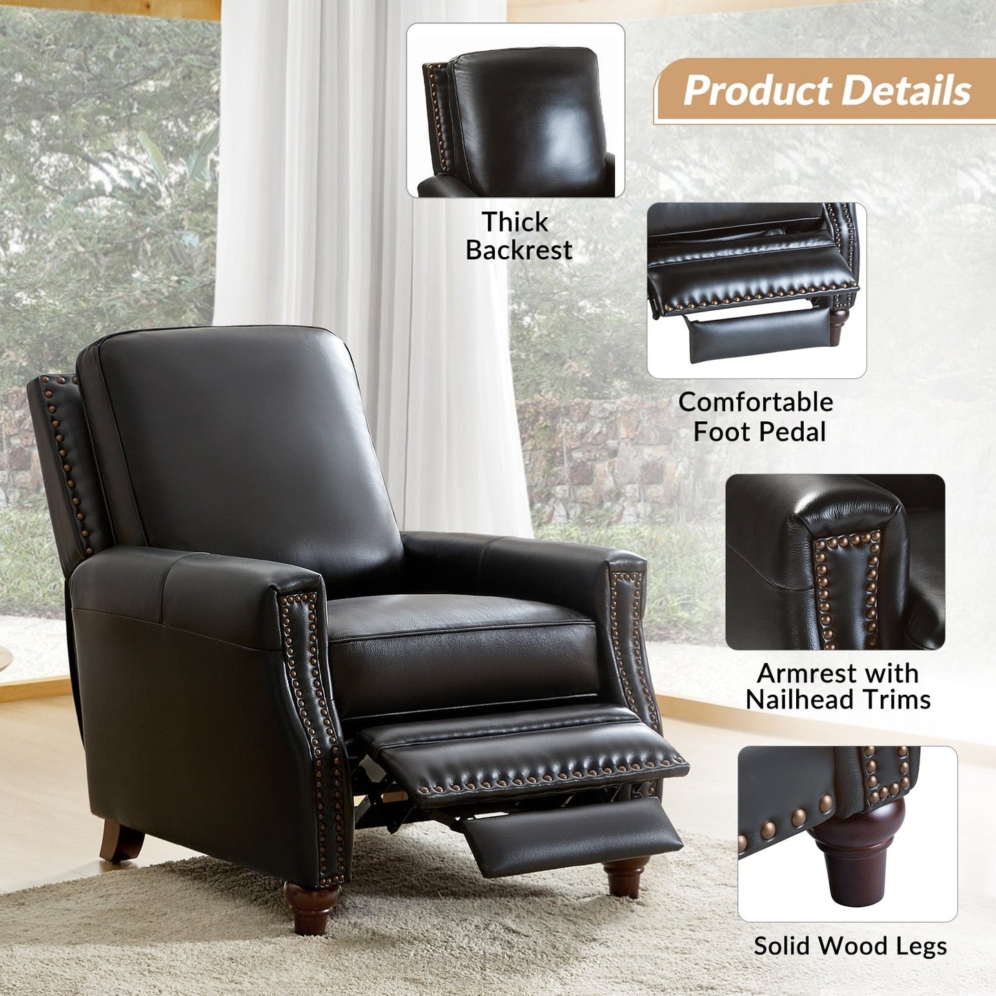 Poltrona reclinabile moderna in vera pelle con finiture a borchie in stile Cigar di HULALA HOME