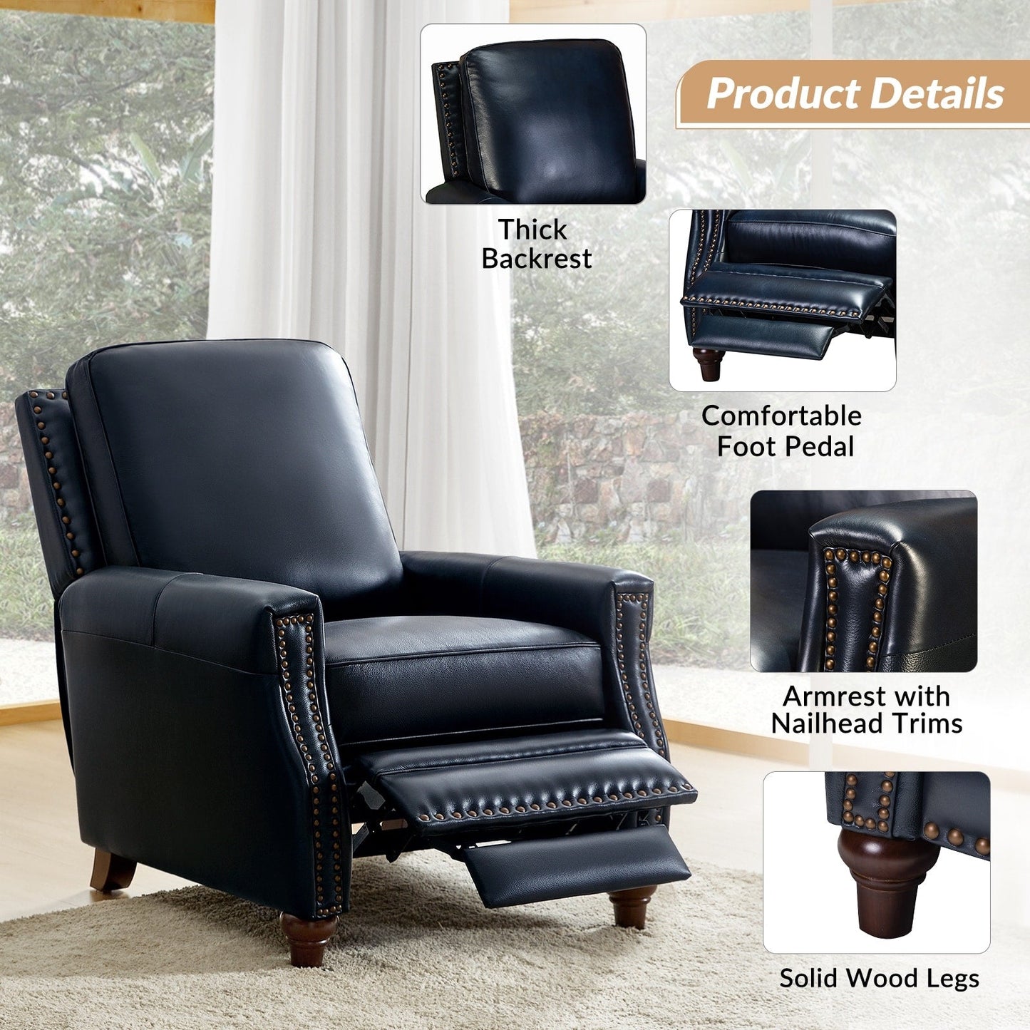 Poltrona reclinabile moderna in vera pelle con finiture a borchie in stile Cigar di HULALA HOME