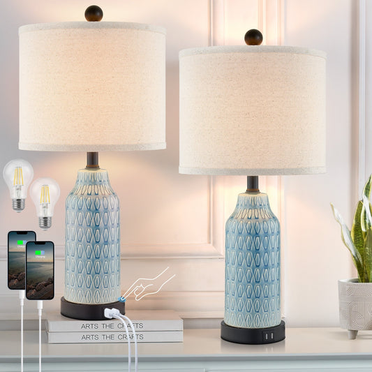 Lampada da tavolo in ceramica blu con interruttore touch dimmer a 3 vie e due porte di ricarica USB (set da 2) - 11'' x 11'' x 23'' (L x P x A)