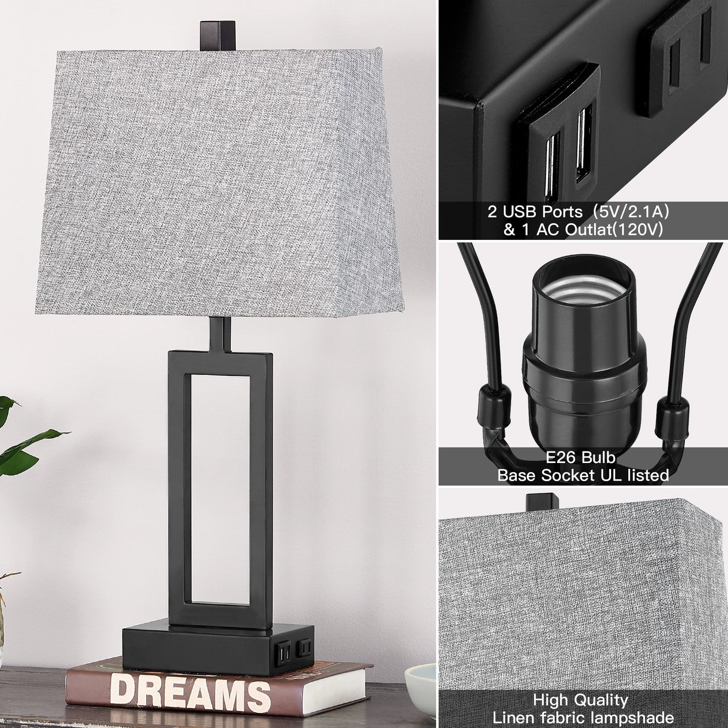 Lampada da tavolo in metallo nero con interruttore touch dimmer e porte di ricarica (set da 2) - 12'' x 6,5'' x 23,5'' (L x P x A)