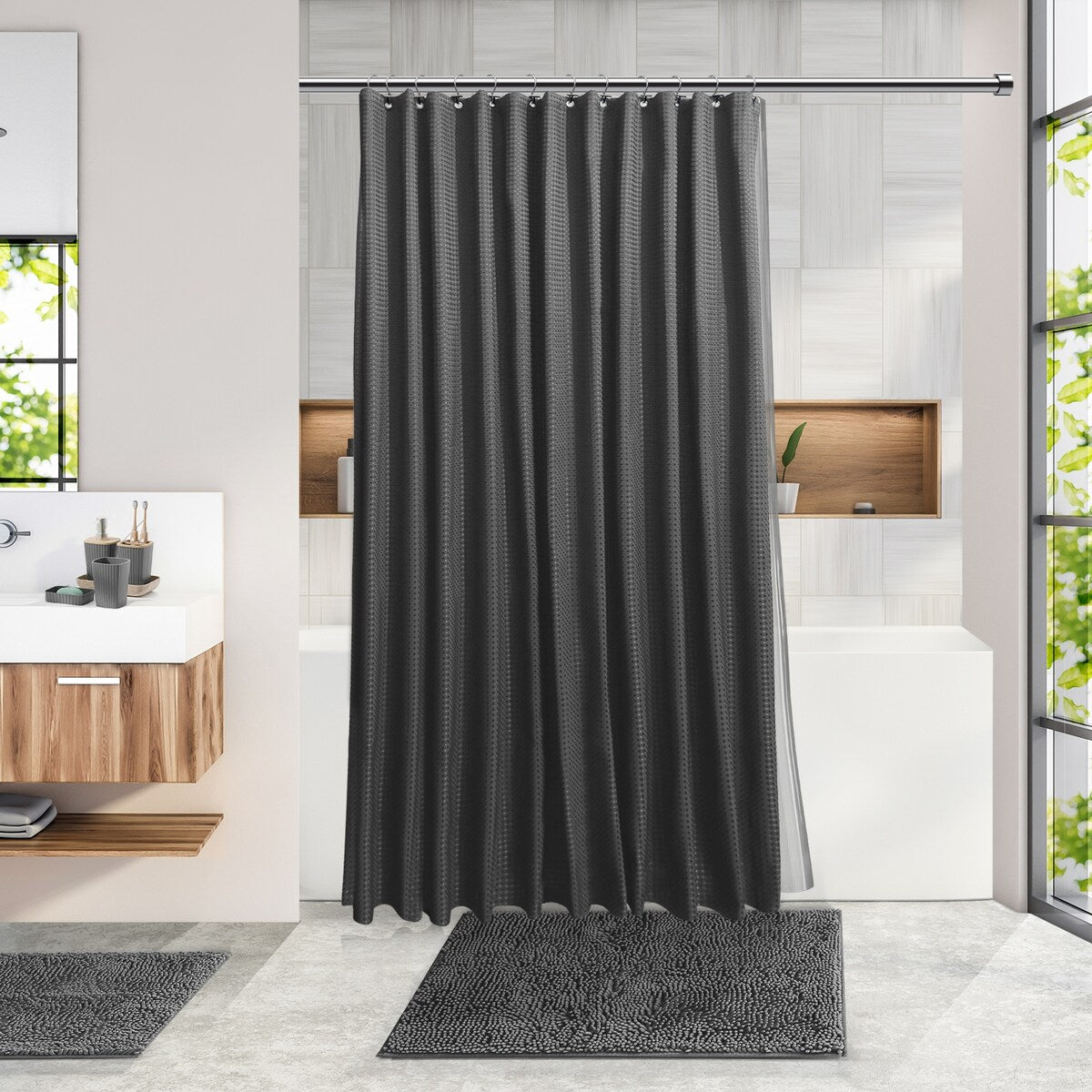 Set di accessori da bagno in bambù Clara Clark con tenda da doccia, scopino per WC, cestino e dispenser di sapone