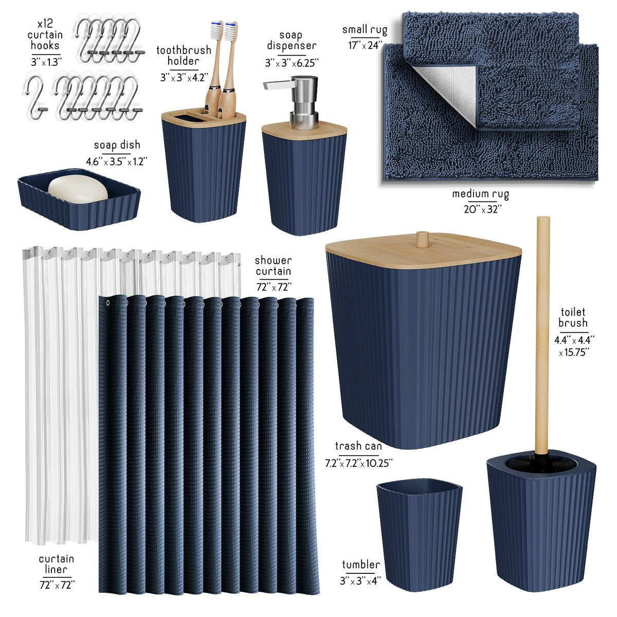 Set di accessori da bagno in bambù Clara Clark con tenda da doccia, scopino per WC, cestino e dispenser di sapone