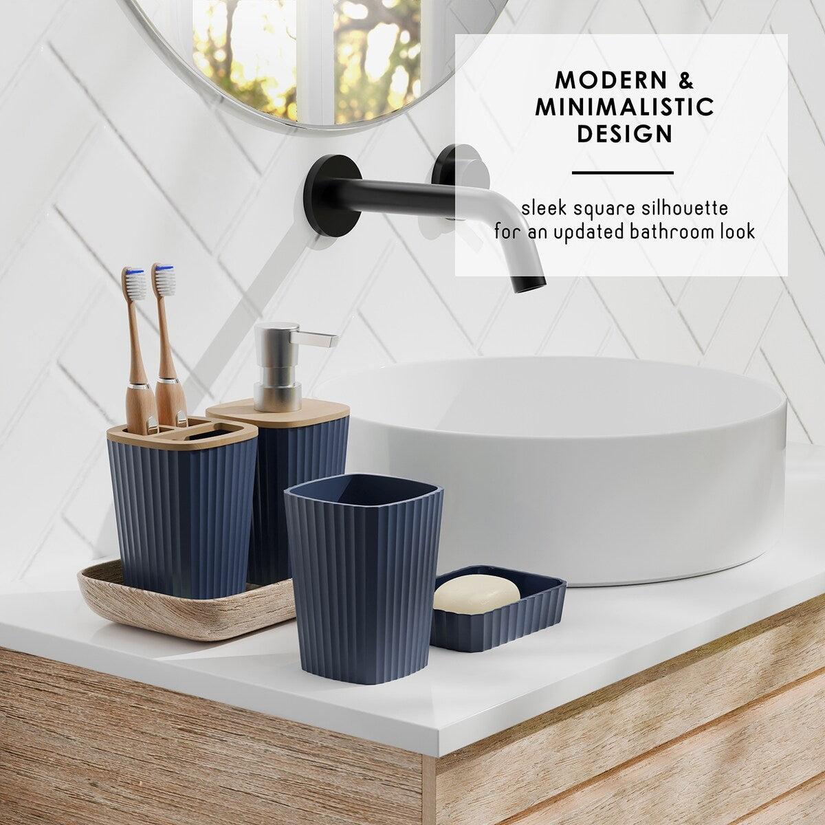 Set di accessori da bagno in bambù Clara Clark con tenda da doccia, scopino per WC, cestino e dispenser di sapone