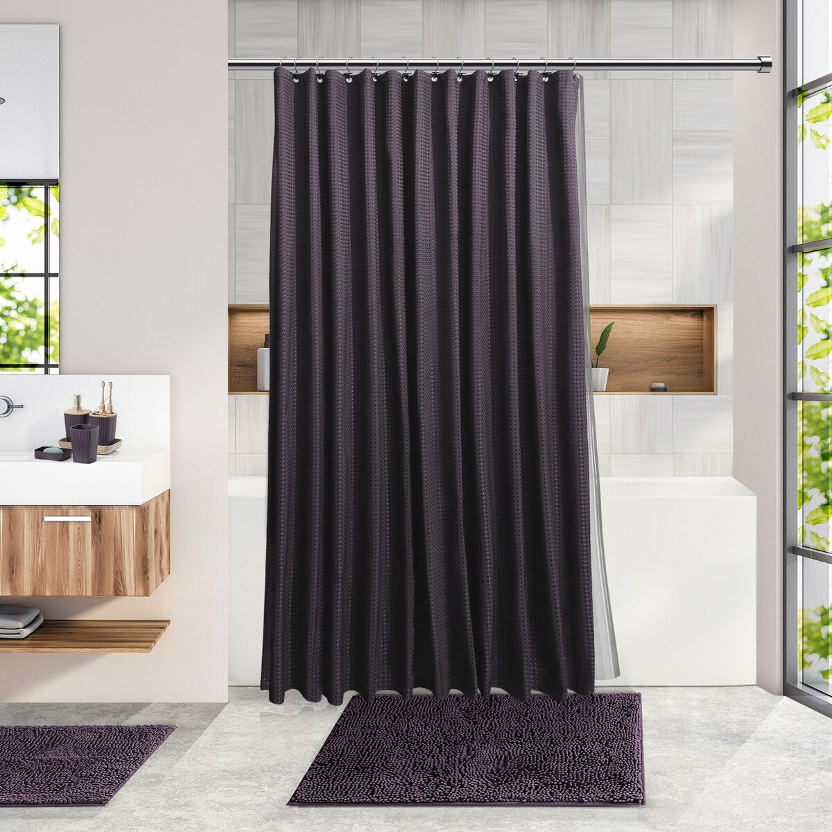 Set di accessori da bagno in bambù Clara Clark con tenda da doccia, scopino per WC, cestino e dispenser di sapone
