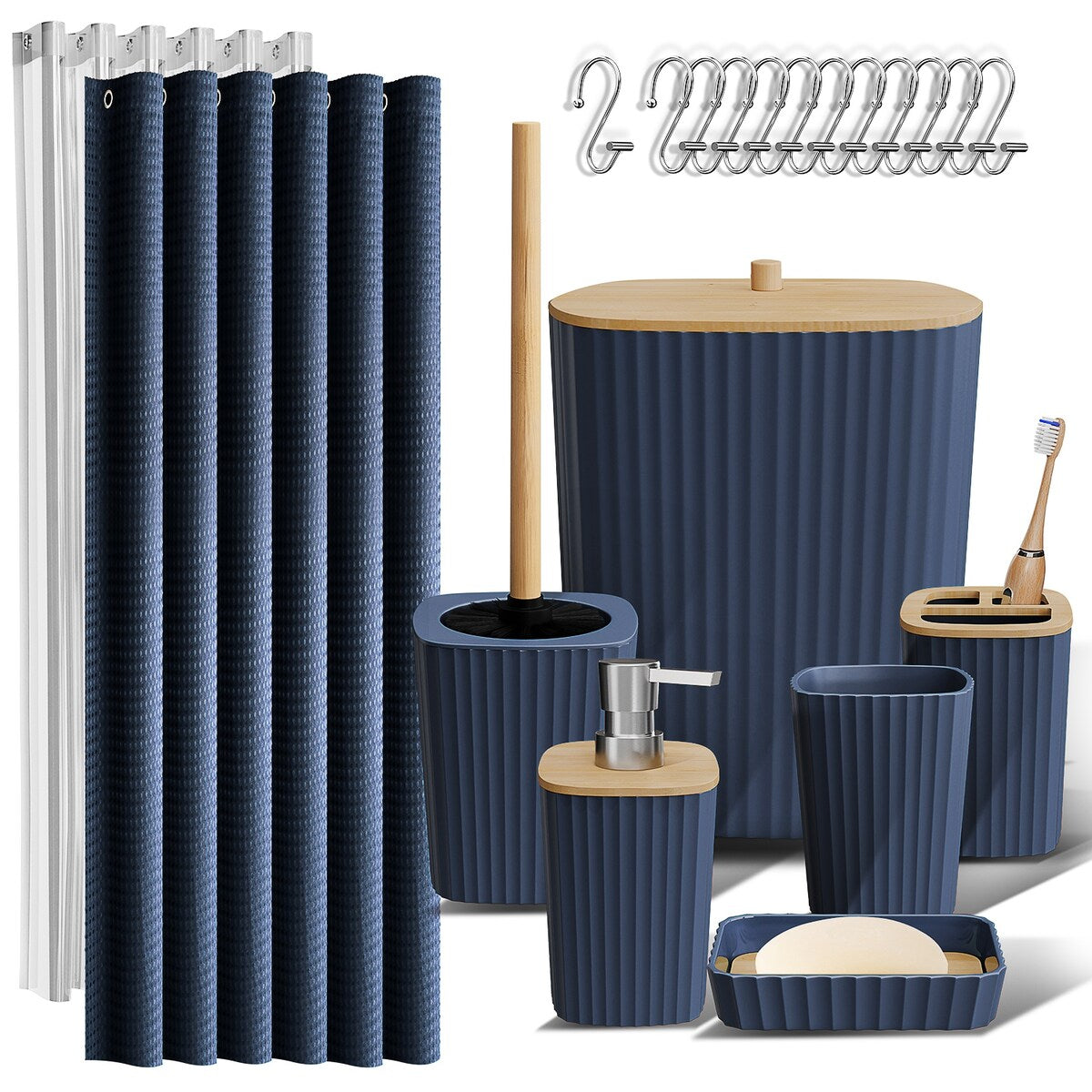 Set di accessori da bagno in bambù Clara Clark con tenda da doccia, scopino per WC, cestino e dispenser di sapone