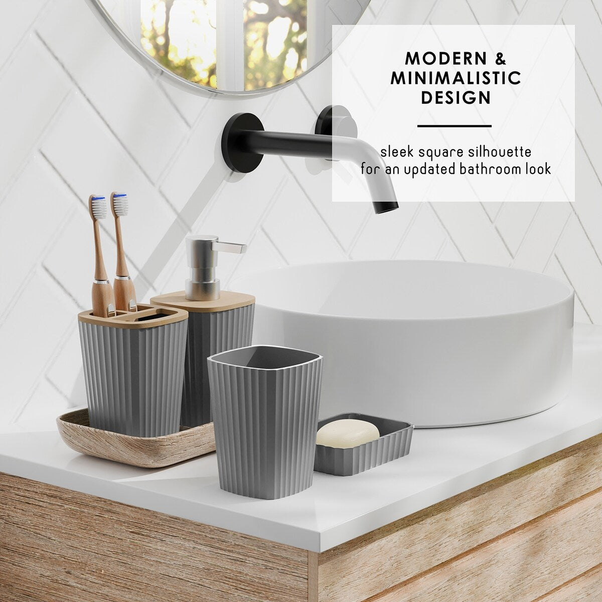 Set di accessori da bagno in bambù Clara Clark con tenda da doccia, scopino per WC, cestino e dispenser di sapone