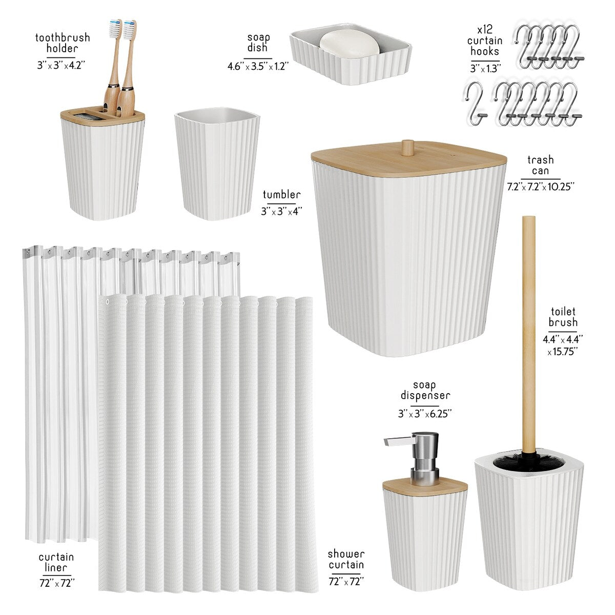 Set di accessori da bagno in bambù Clara Clark con tenda da doccia, scopino per WC, cestino e dispenser di sapone