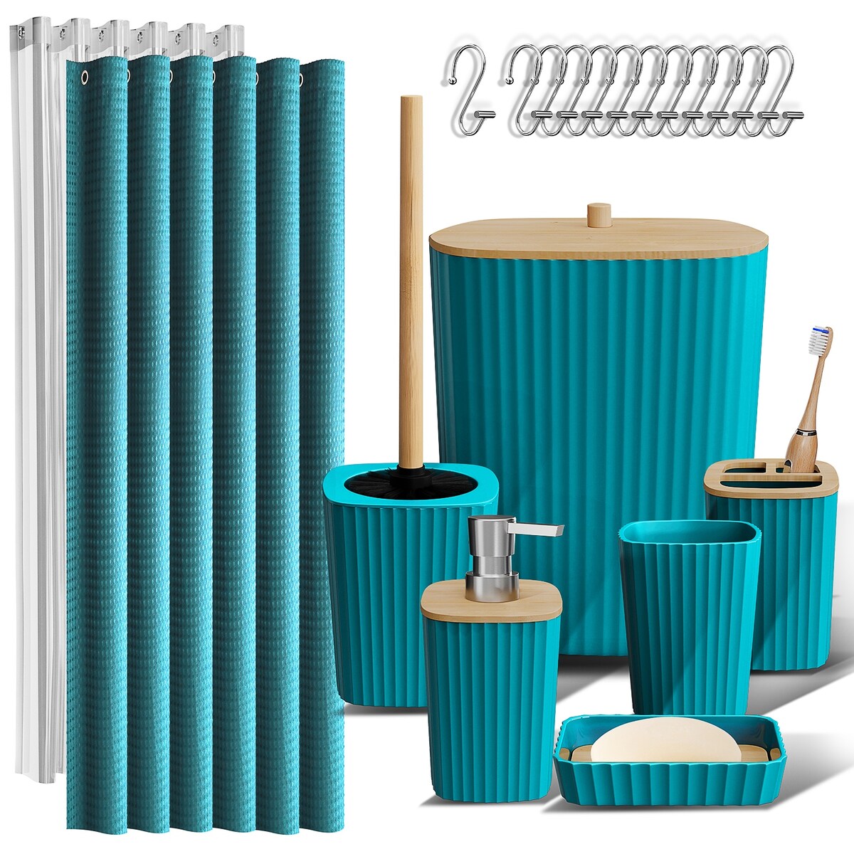 Set di accessori da bagno in bambù Clara Clark con tenda da doccia, scopino per WC, cestino e dispenser di sapone