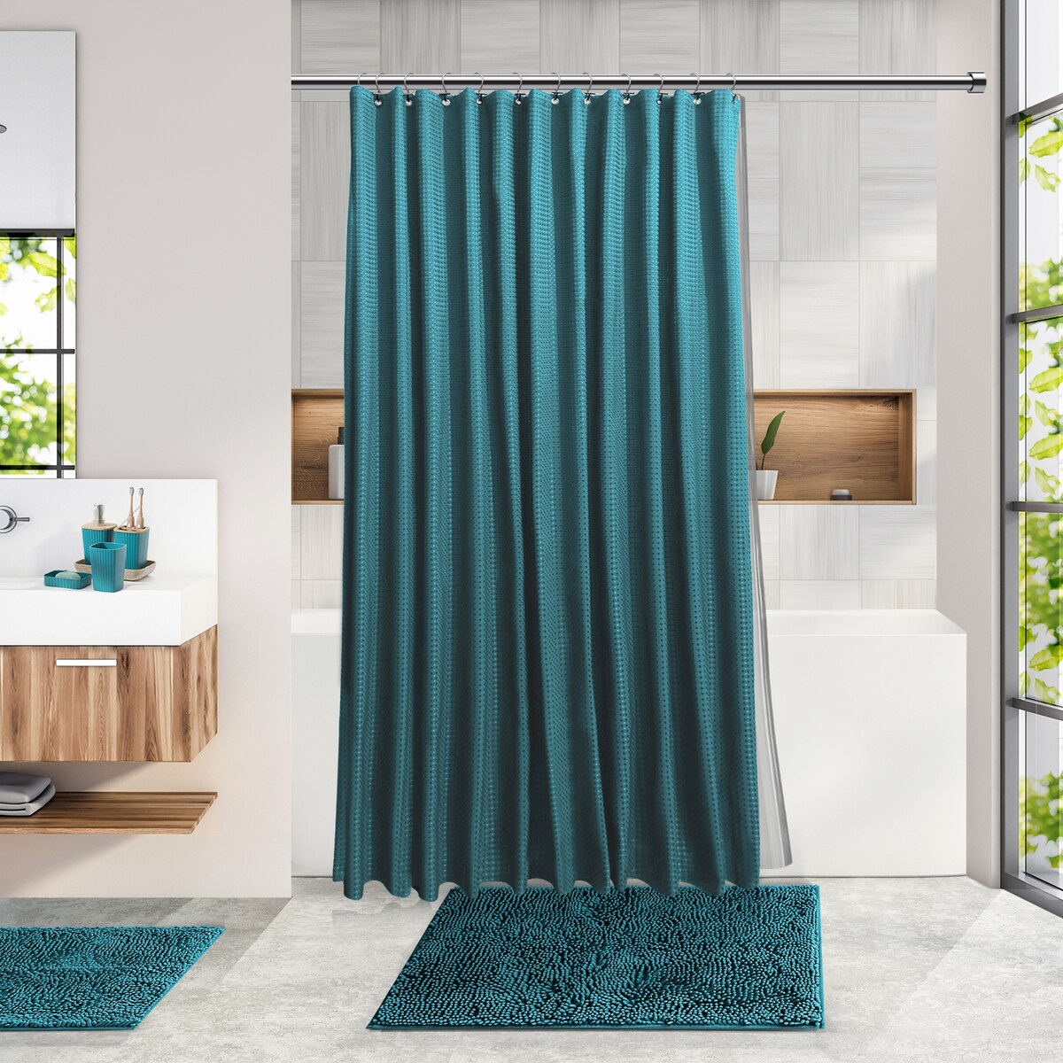 Set di accessori da bagno in bambù Clara Clark con tenda da doccia, scopino per WC, cestino e dispenser di sapone