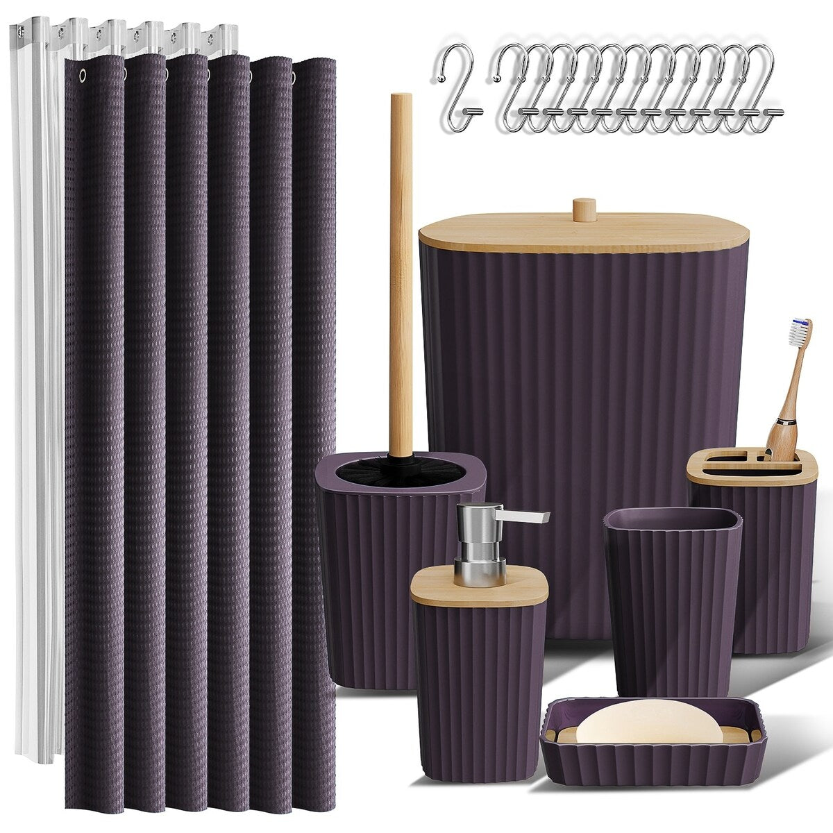 Set di accessori da bagno in bambù Clara Clark con tenda da doccia, scopino per WC, cestino e dispenser di sapone