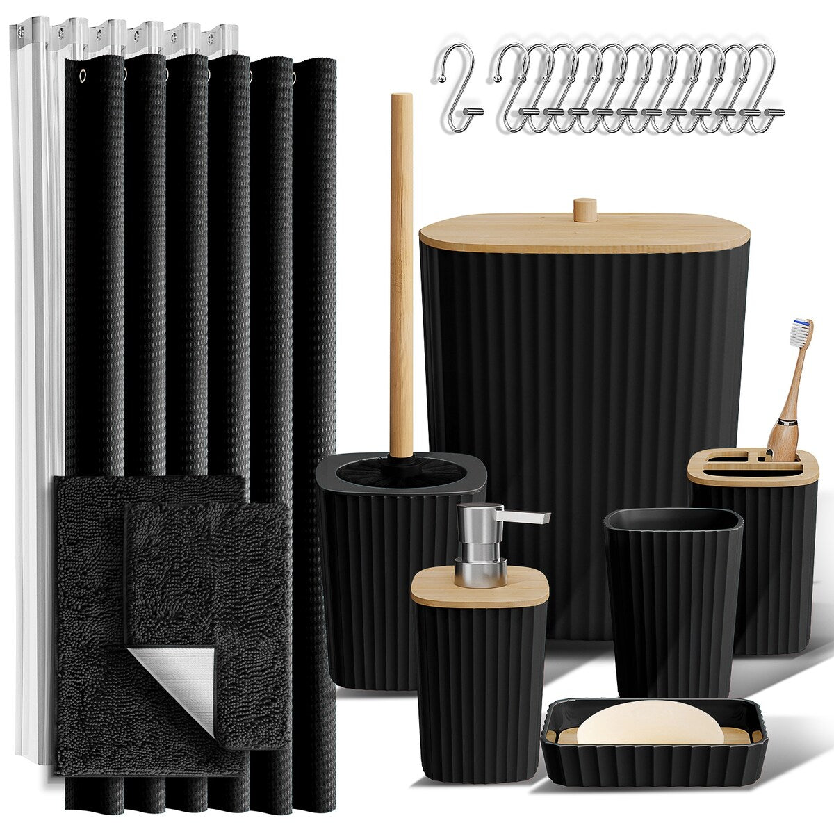 Set di accessori da bagno in bambù Clara Clark con tenda da doccia, scopino per WC, cestino e dispenser di sapone