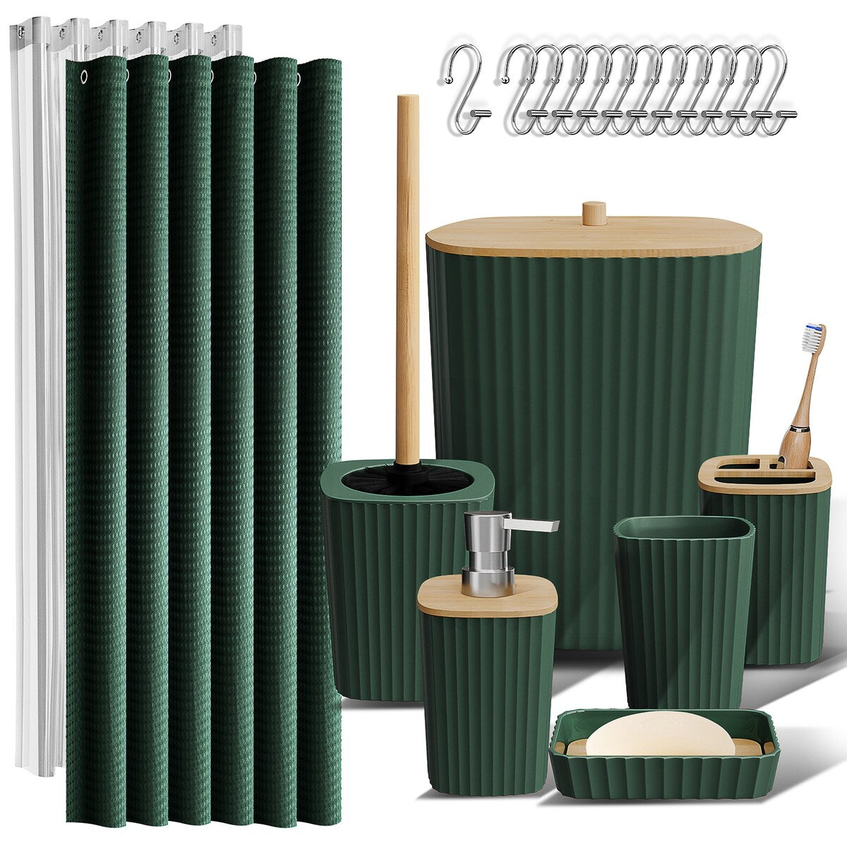 Set di accessori da bagno in bambù Clara Clark con tenda da doccia, scopino per WC, cestino e dispenser di sapone