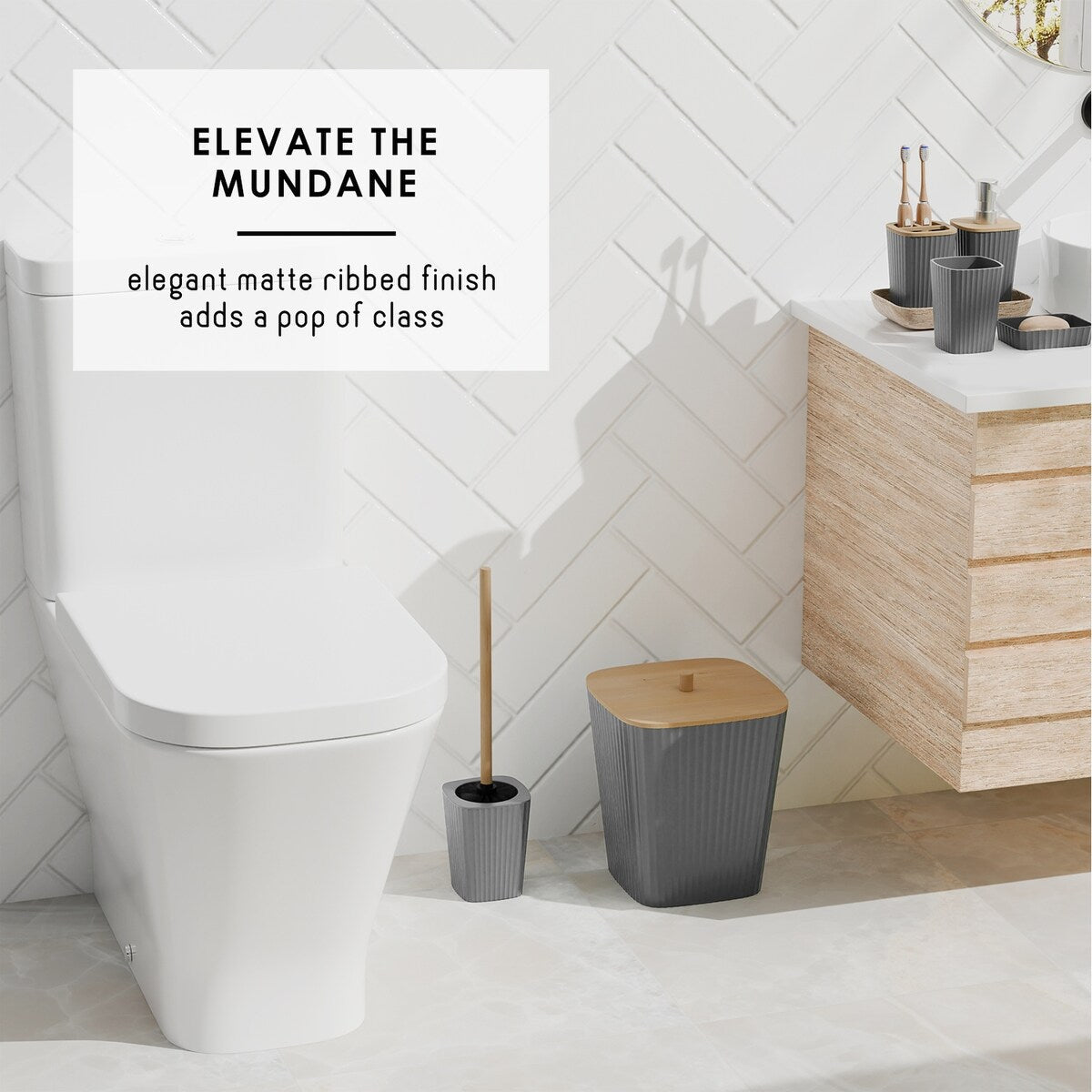 Set di accessori da bagno in bambù Clara Clark con tenda da doccia, scopino per WC, cestino e dispenser di sapone