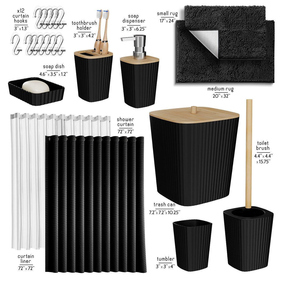 Set di accessori da bagno in bambù Clara Clark con tenda da doccia, scopino per WC, cestino e dispenser di sapone