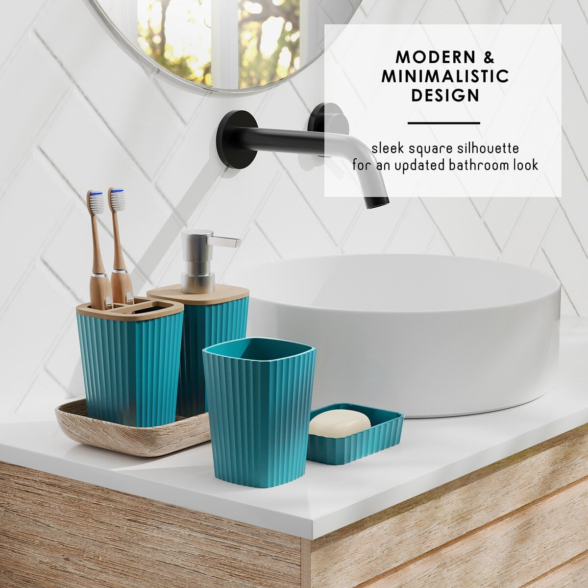 Set di accessori da bagno in bambù Clara Clark con tenda da doccia, scopino per WC, cestino e dispenser di sapone