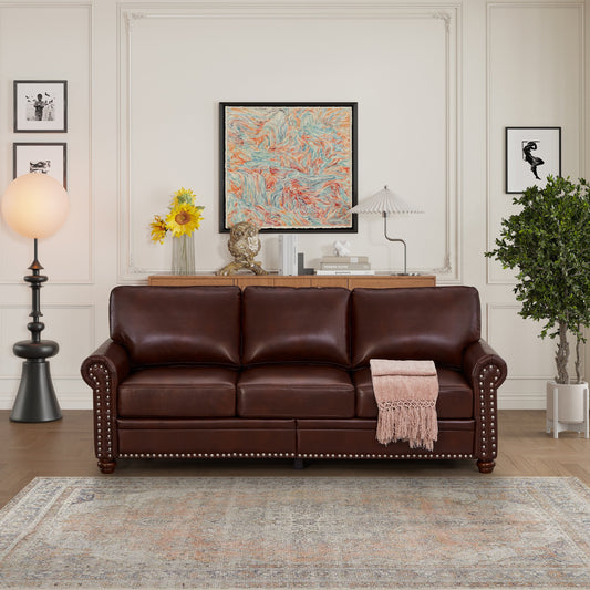 Divano classico 83 a 3 posti rivestito in pelle PU con contenitore inferiore e decorazione a borchie