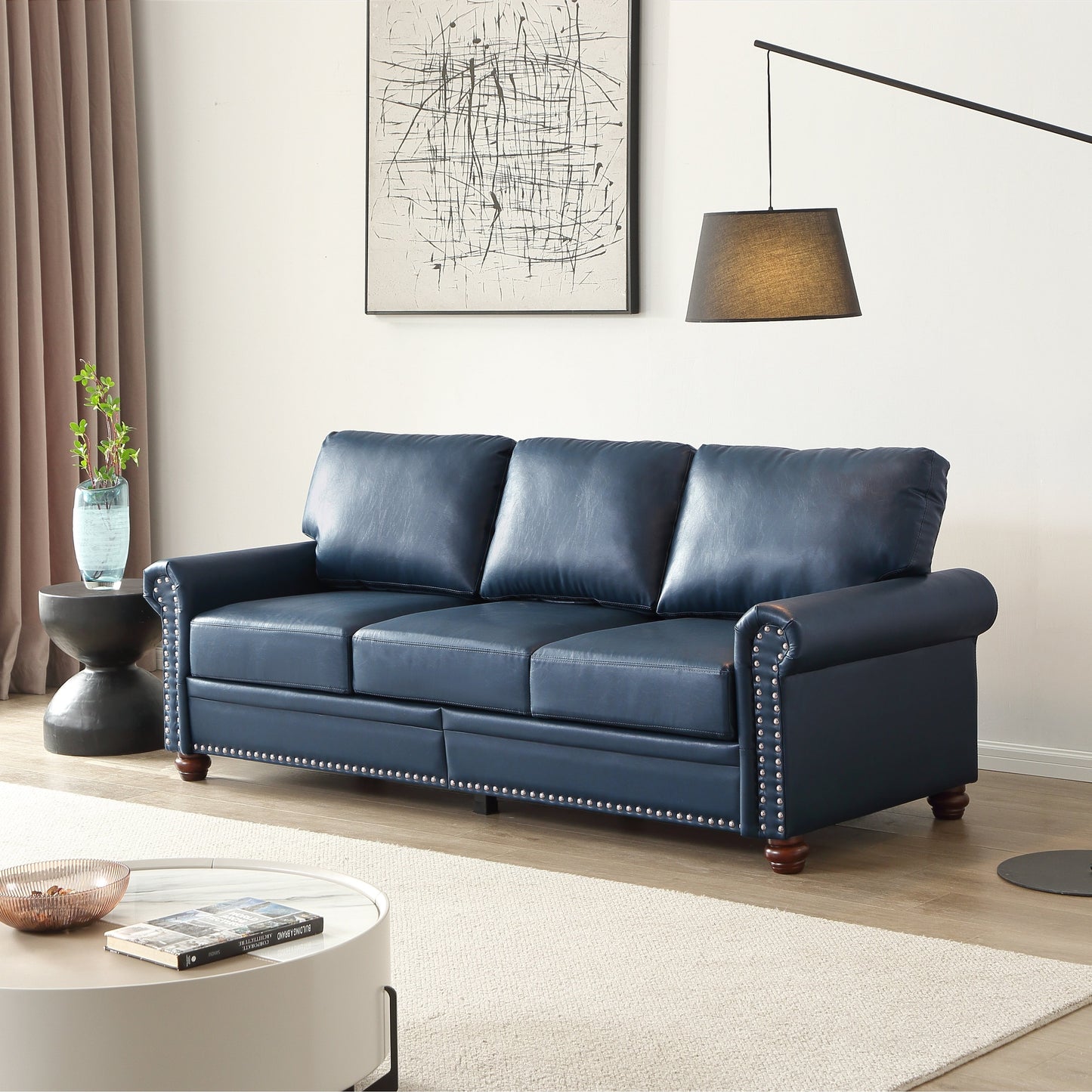 Divano classico 83 a 3 posti rivestito in pelle PU con contenitore inferiore e decorazione a borchie