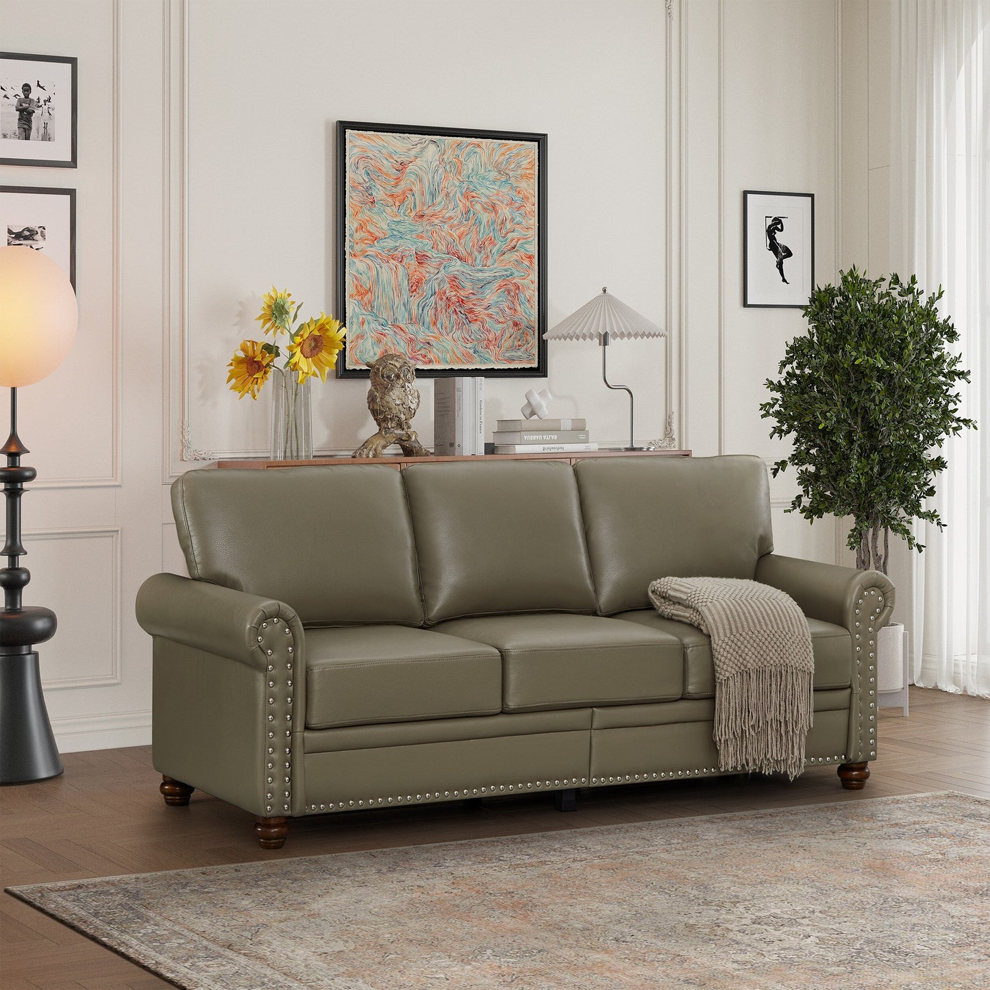 Divano classico 83 a 3 posti rivestito in pelle PU con contenitore inferiore e decorazione a borchie
