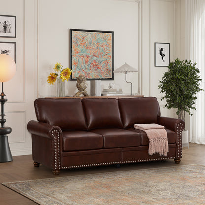 Divano classico 83 a 3 posti rivestito in pelle PU con contenitore inferiore e decorazione a borchie
