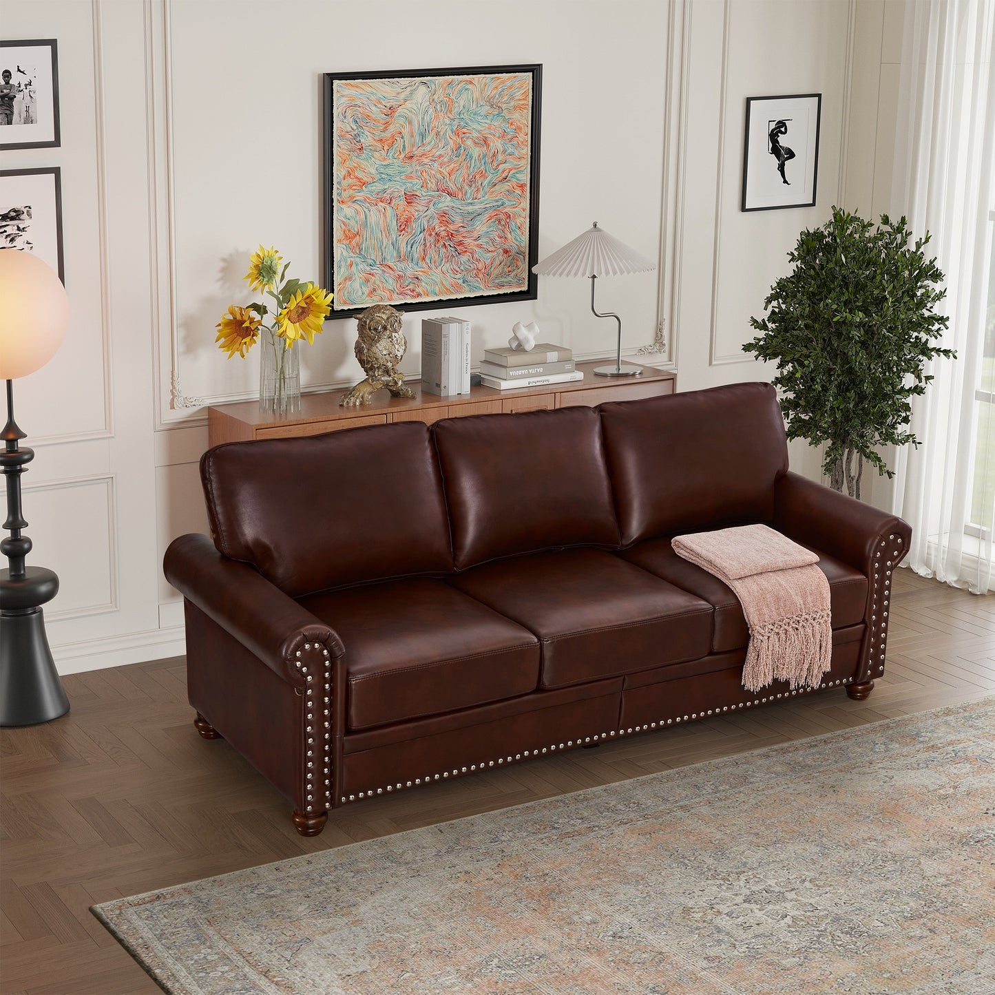 Divano classico 83 a 3 posti rivestito in pelle PU con contenitore inferiore e decorazione a borchie