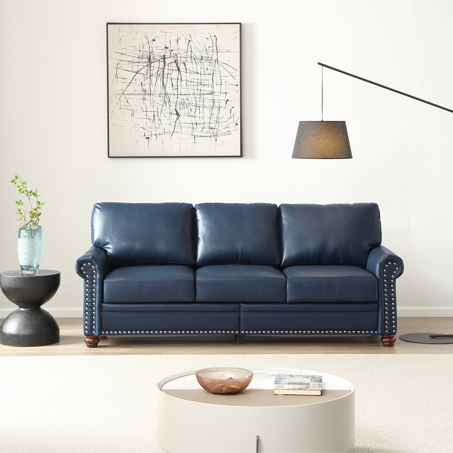 Divano classico 83 a 3 posti rivestito in pelle PU con contenitore inferiore e decorazione a borchie