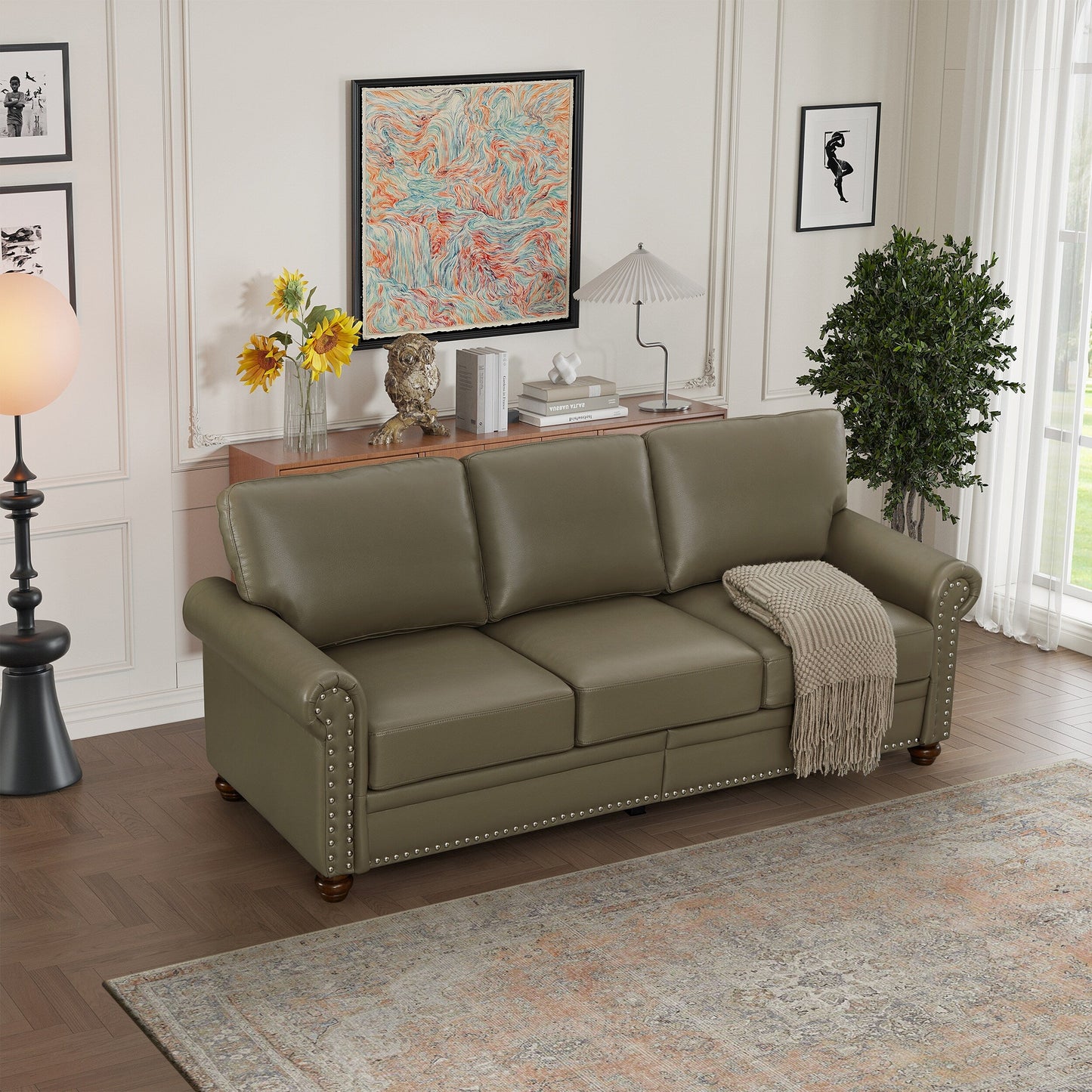 Divano classico 83 a 3 posti rivestito in pelle PU con contenitore inferiore e decorazione a borchie