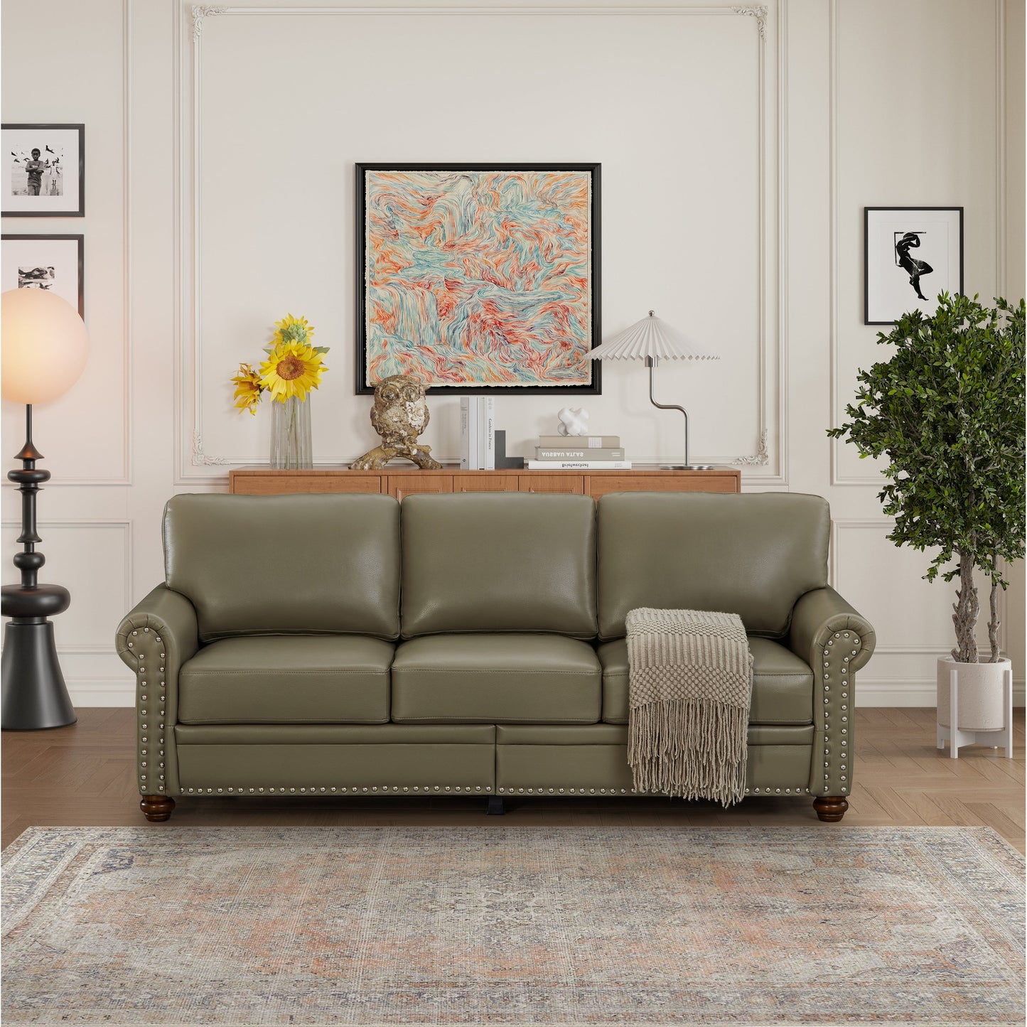 Divano classico 83 a 3 posti rivestito in pelle PU con contenitore inferiore e decorazione a borchie