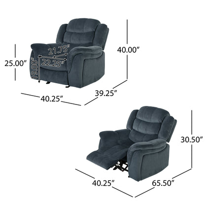 Design classico, tessuto felpato grigio acciaio, poltrona reclinabile Glider