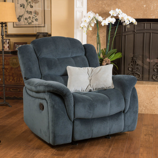 Design classico, tessuto felpato grigio acciaio, poltrona reclinabile Glider