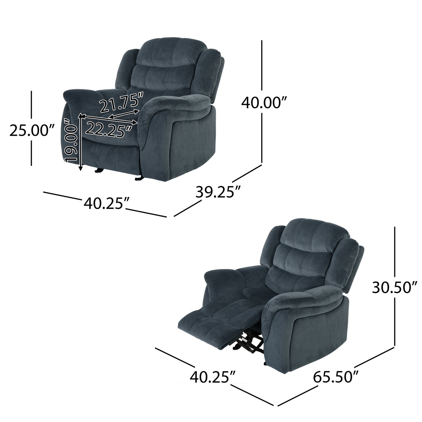 Design classico, tessuto in peluche d'acciaio, poltrona reclinabile Glider