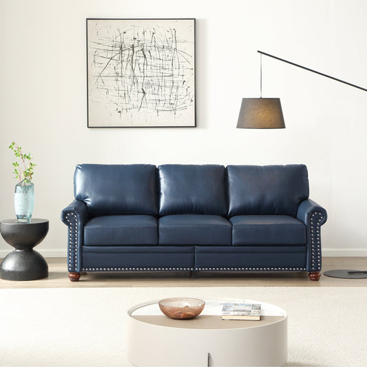 Divano classico per soggiorno in similpelle blu navy con chiodi