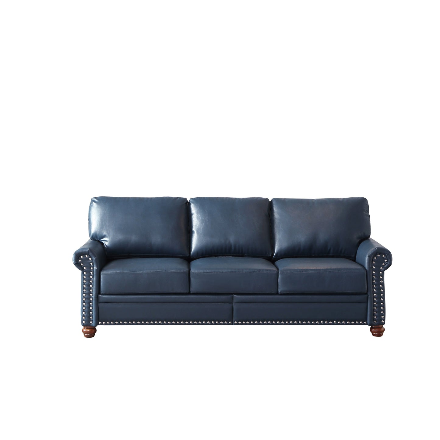 Divano classico per soggiorno in similpelle blu navy con chiodi